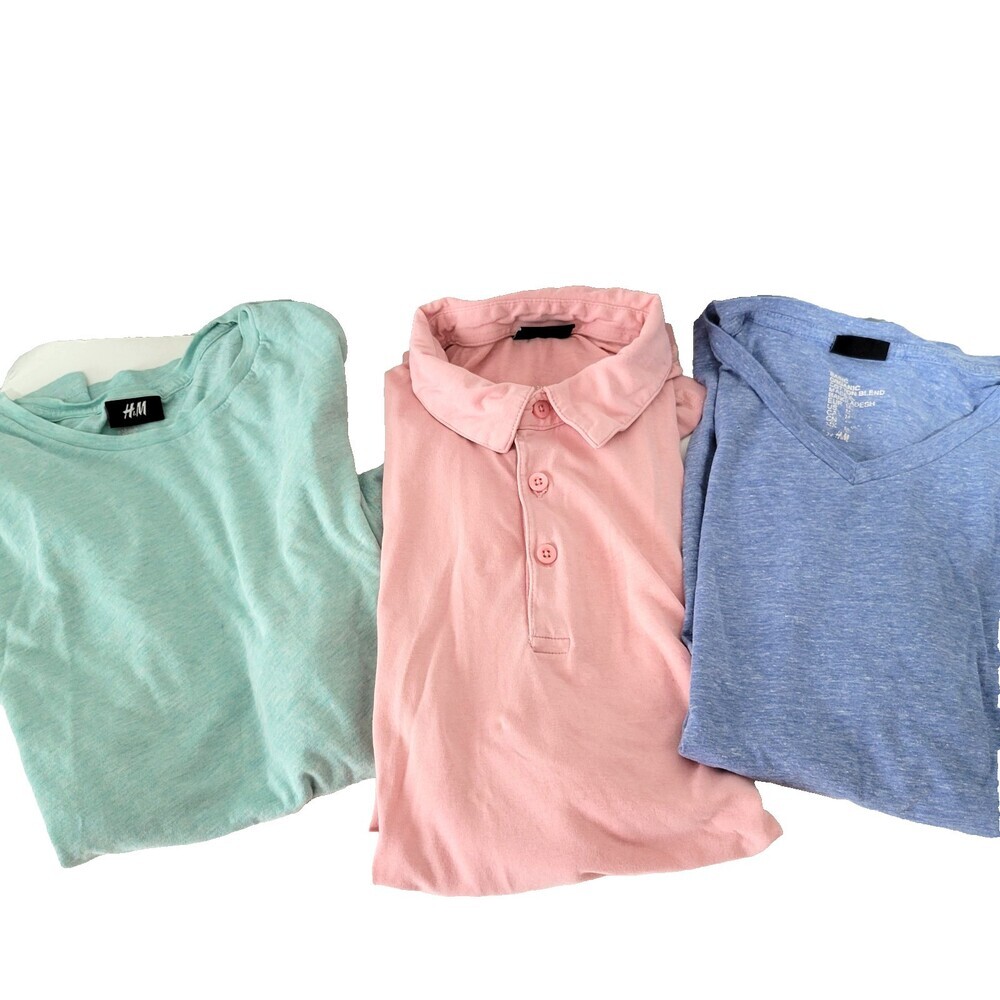 H & M Shirts Medium Men's Lot of 3 Pink Polo Blue V-Neck Green Crew Neck Soft